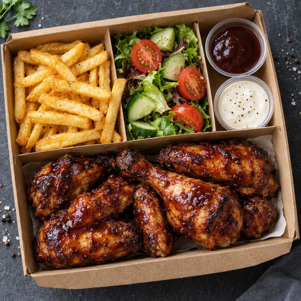 Snelbestelmenu met kip, friet, salade en twee sausjes