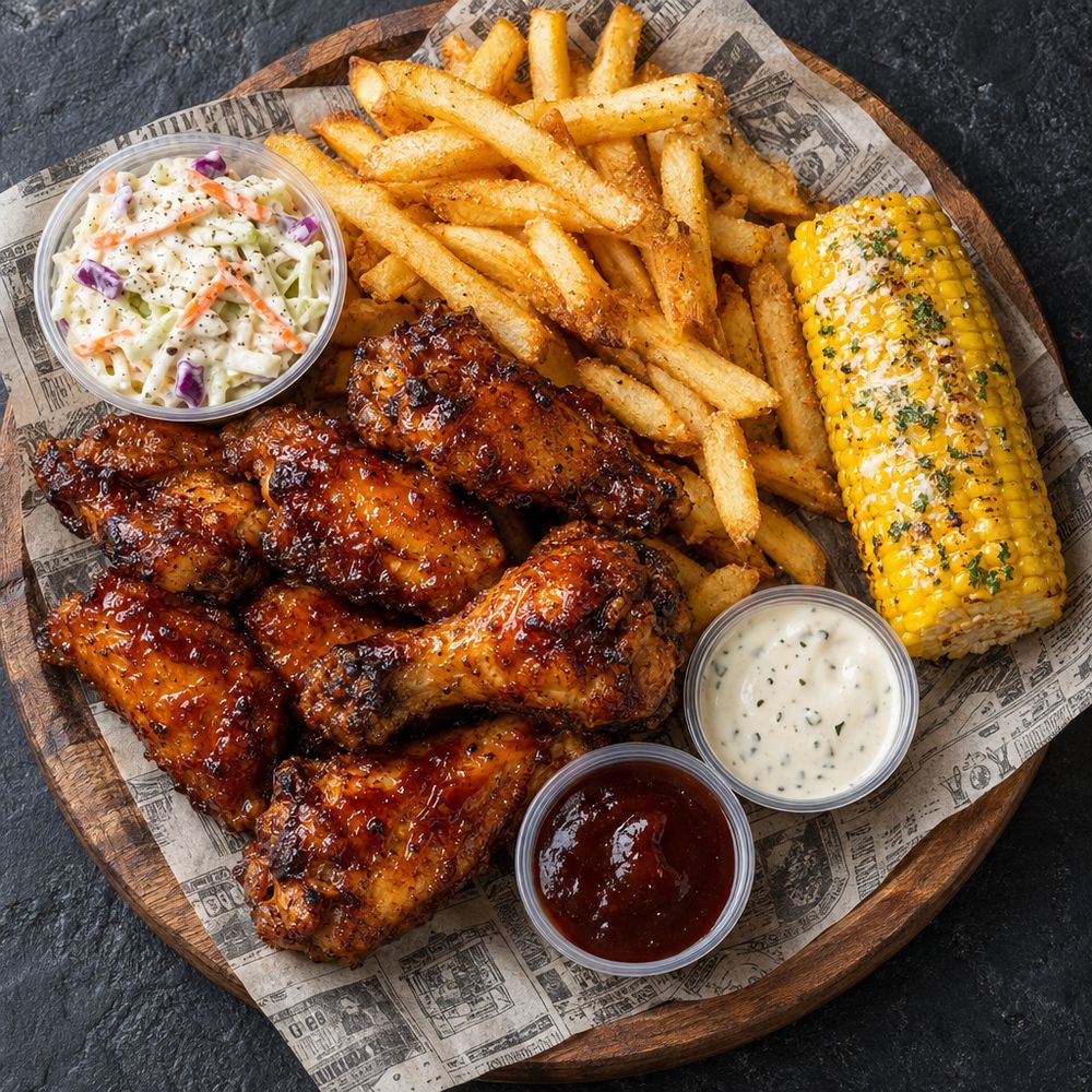 Wings en drumsticks met friet, maiskolf, koolsalade en twee sausjes