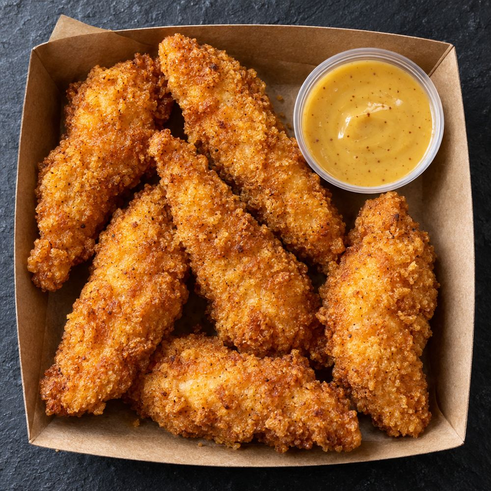 Crispy kiptenders met honing-mosterddip