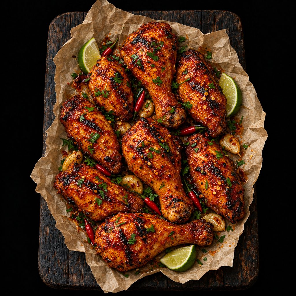 Piri piri-kip met limoen, knoflook en pepertjes