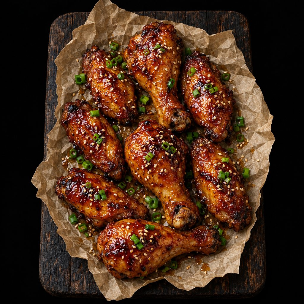 Kippenvleugels en drumsticks met honinglak en sesam
