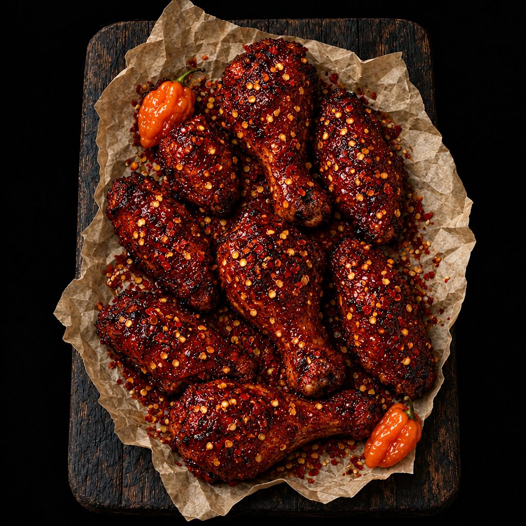 Donkerrode extra hete kip met chilivlokken en habanero's
